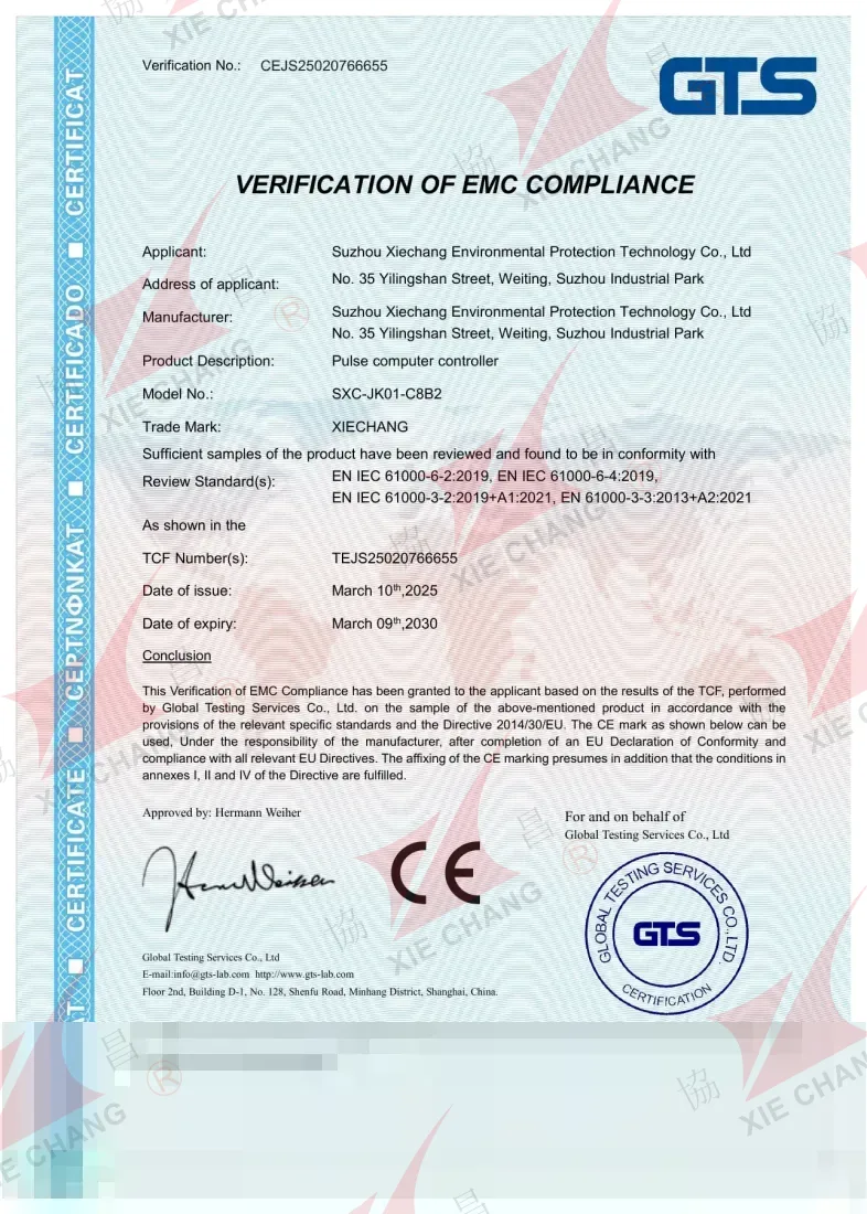 Verificação CE de conformidade EMC — Controlador de pulso SXC-JK01-C8B2