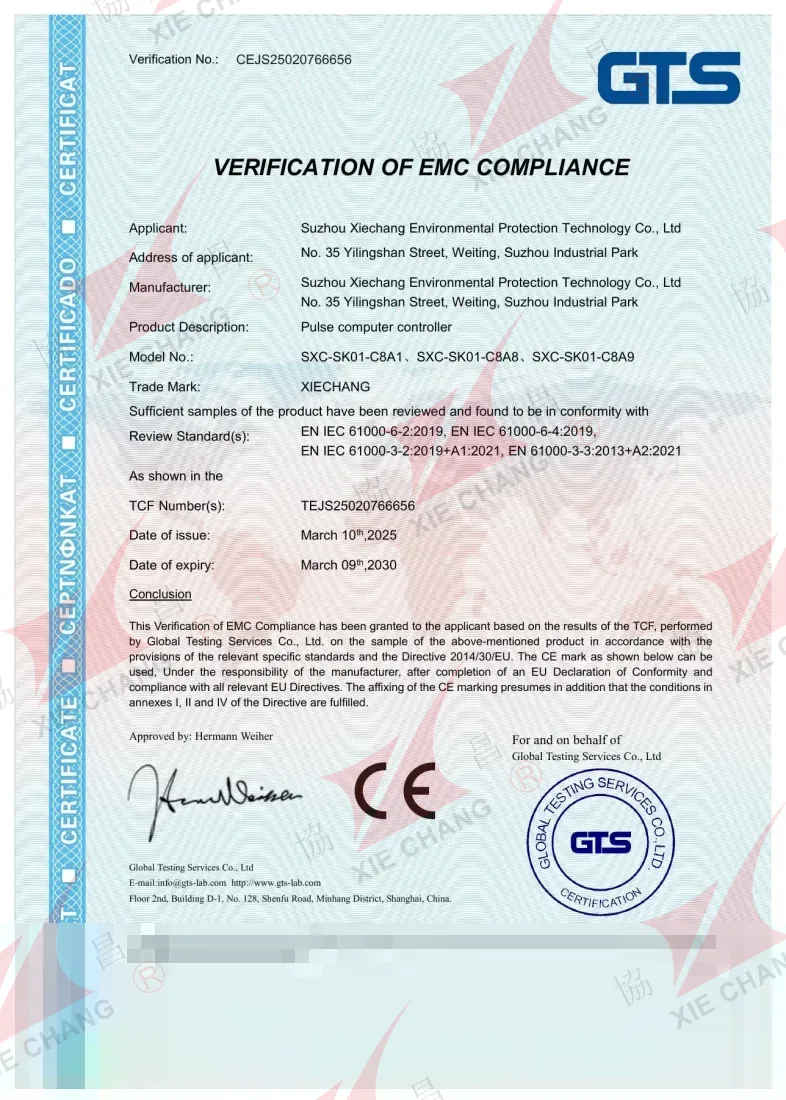 Verificação CE de conformidade EMC — Controladores de pulso SXC-SK01-C8A1/C8A8/C8A9