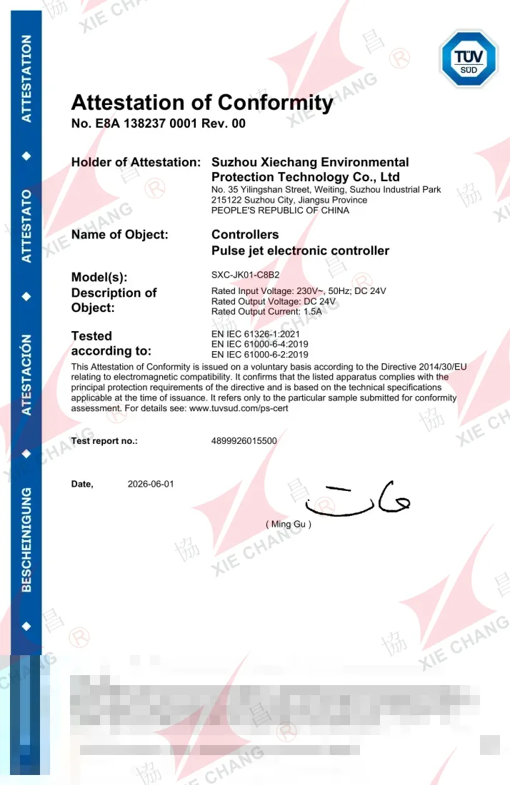 Atestado de conformidade da TUV SUD — Controlador de pulso SXC-JK01-C8B2 (Diretiva EMC)