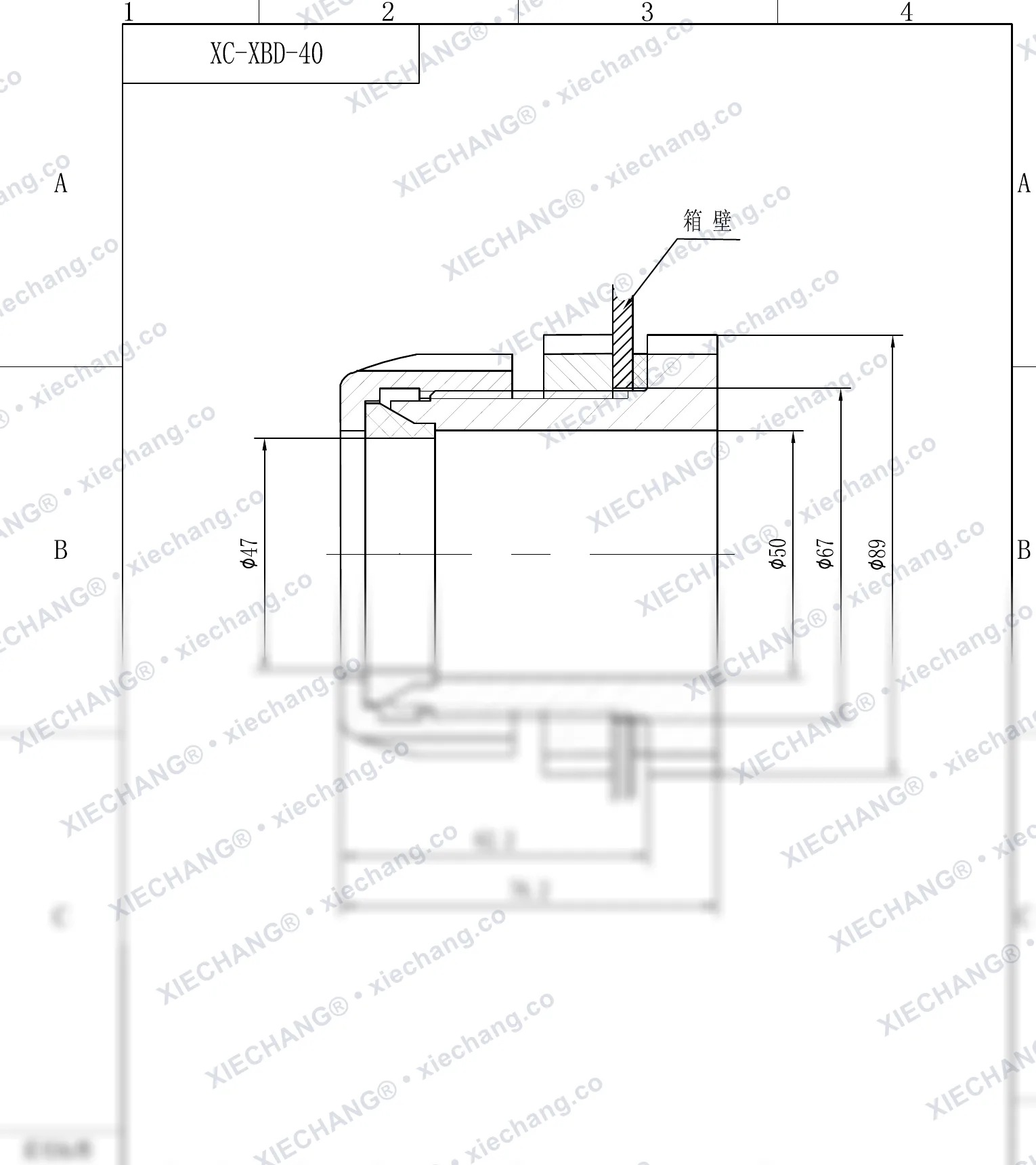 XC-XBD-40 · DN40 · conexão passa-parede de rosca simples — Desenho de instalação