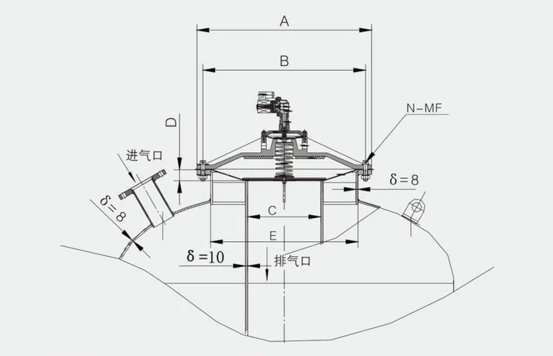 Desenho em corte e dimensões da válvula de pulso DMY-III