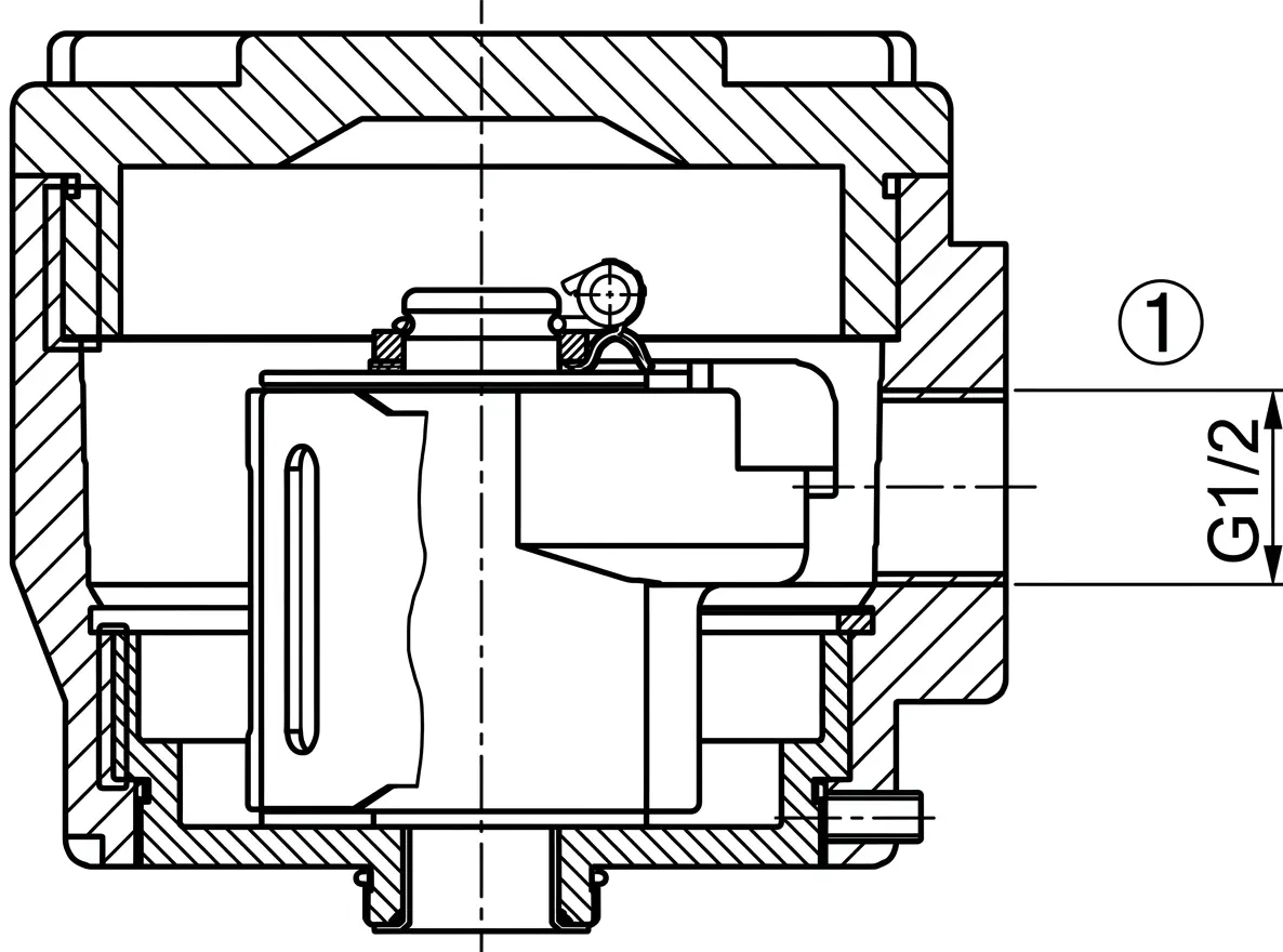 Desenho de detalhe do corte lateral interno do invólucro do solenoide à prova de chama Ex db